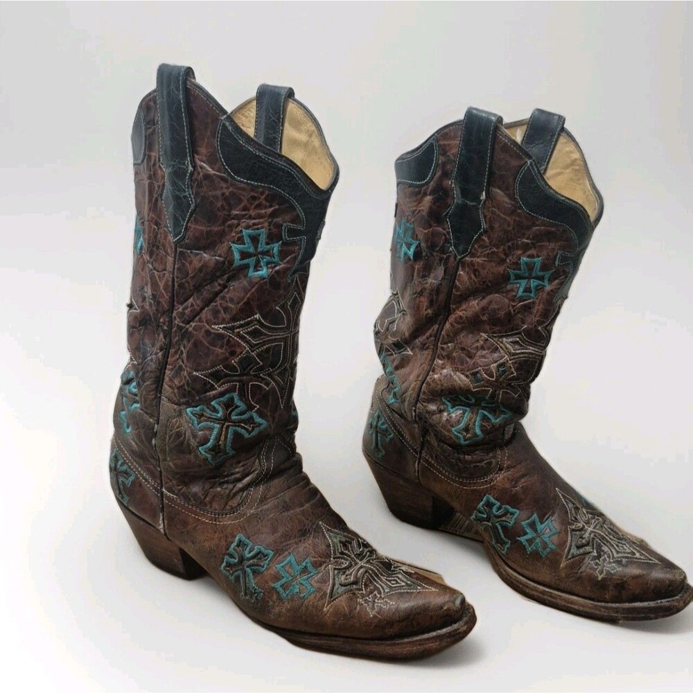 CORRAL Women's Turquoise Cross Whiskey Boots Cowgirl Size 10M Snip Toe  R1019